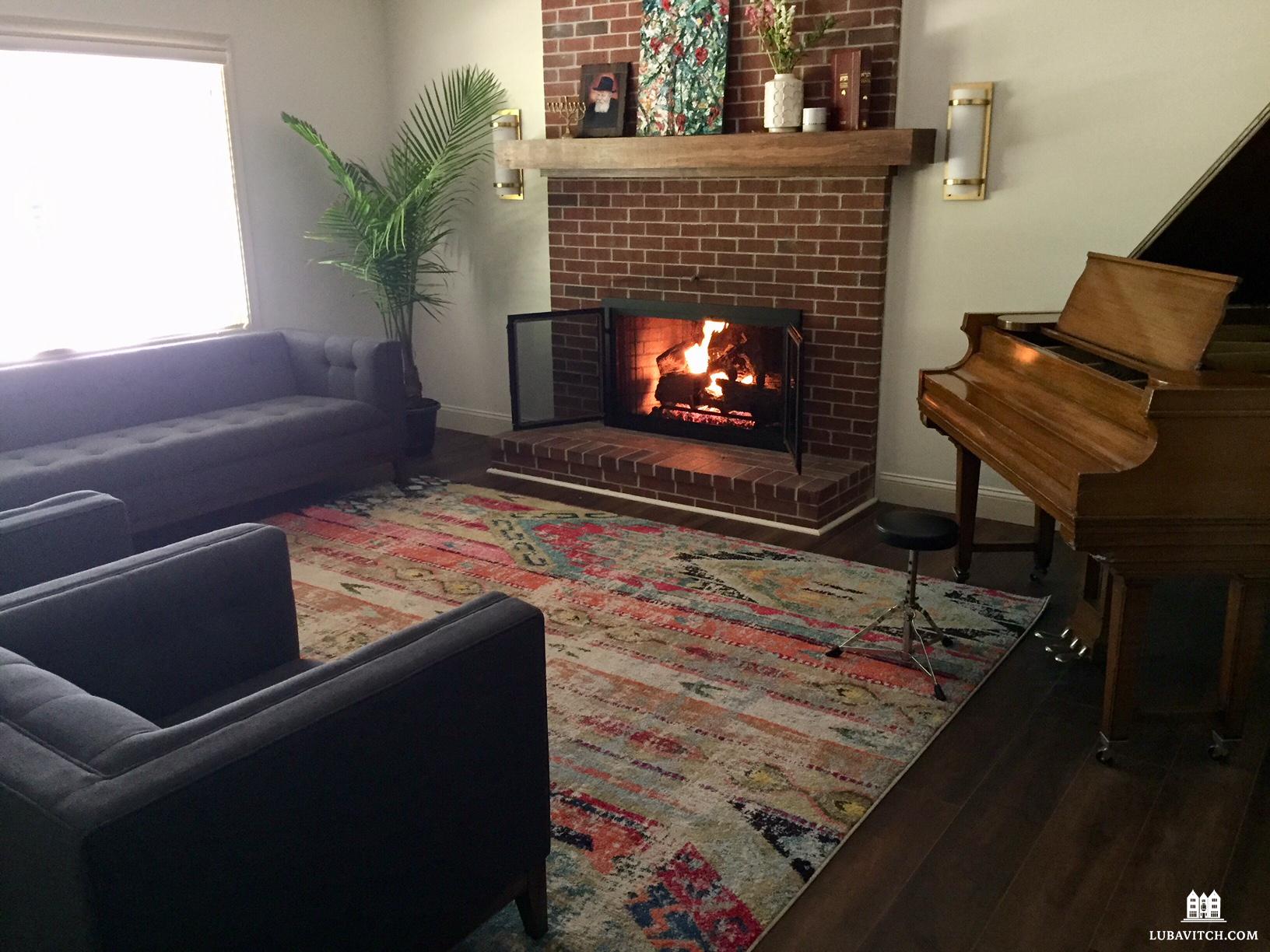 A welcoming fireplace greets visitors at CHabad of New Hampshire's Center for Jewish Life